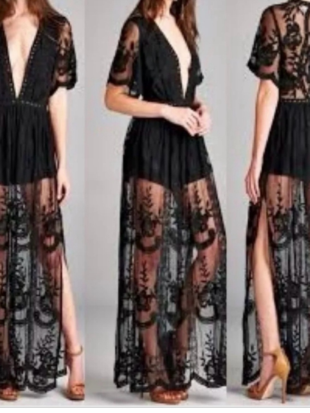 Sheer Black Lace V-Neck Maxi Gown With Deep V-Neck, Built-in Shorts Side Slits - Picture 10 of 10